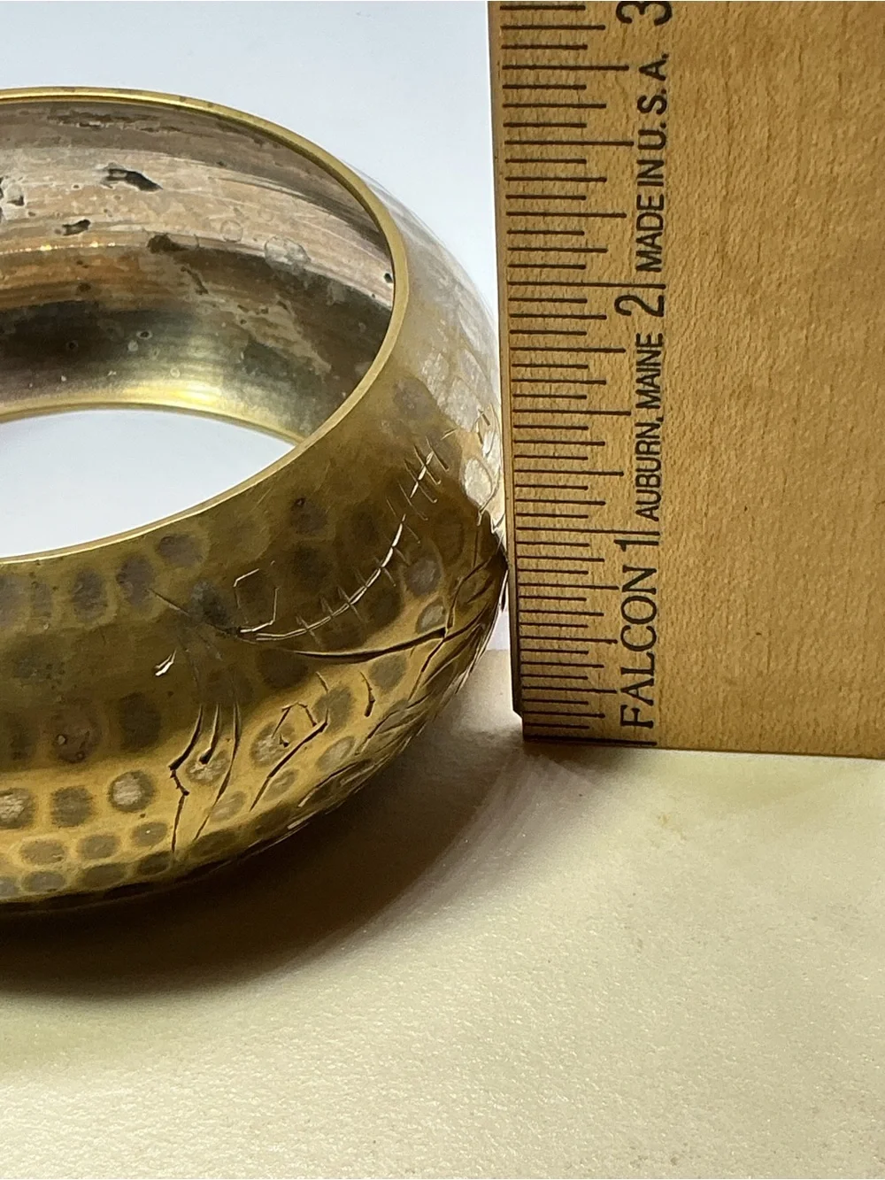 Vintage Hammered Brass Wide Cuff Bangle Bracelet Etched Thistle Floral Design